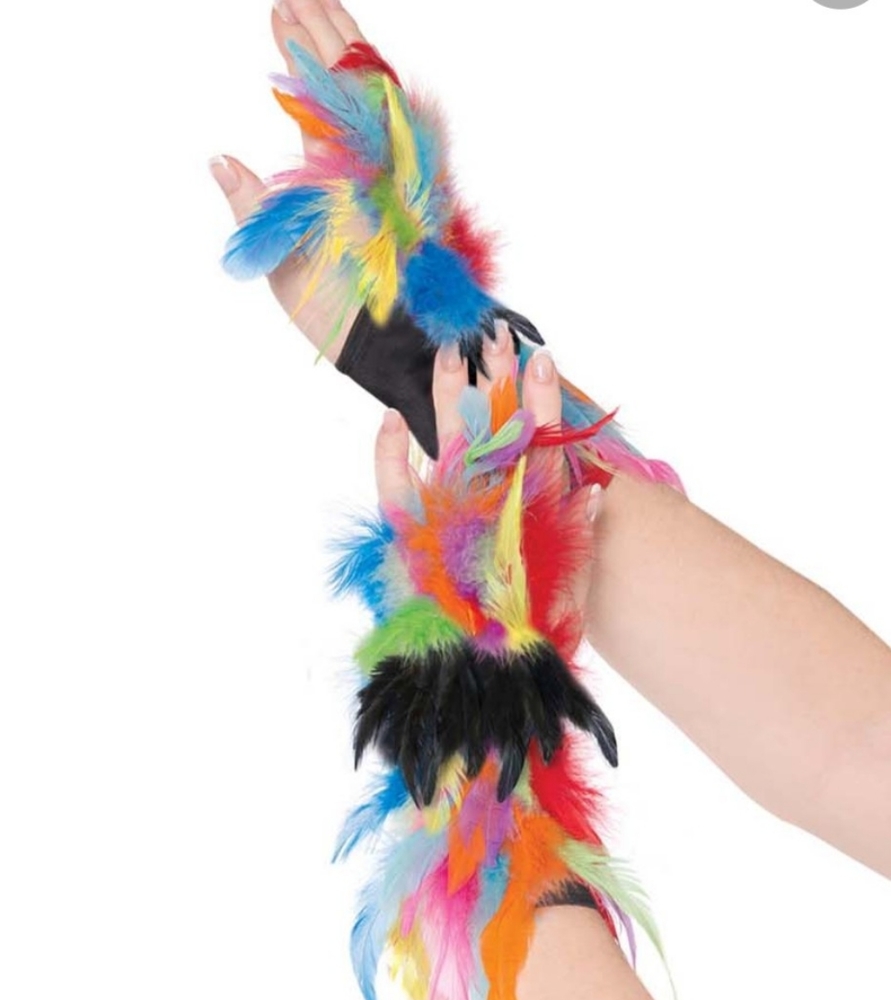 Rainbow Feather Gloves NEW 1pair Halloween Costume multi-color women's